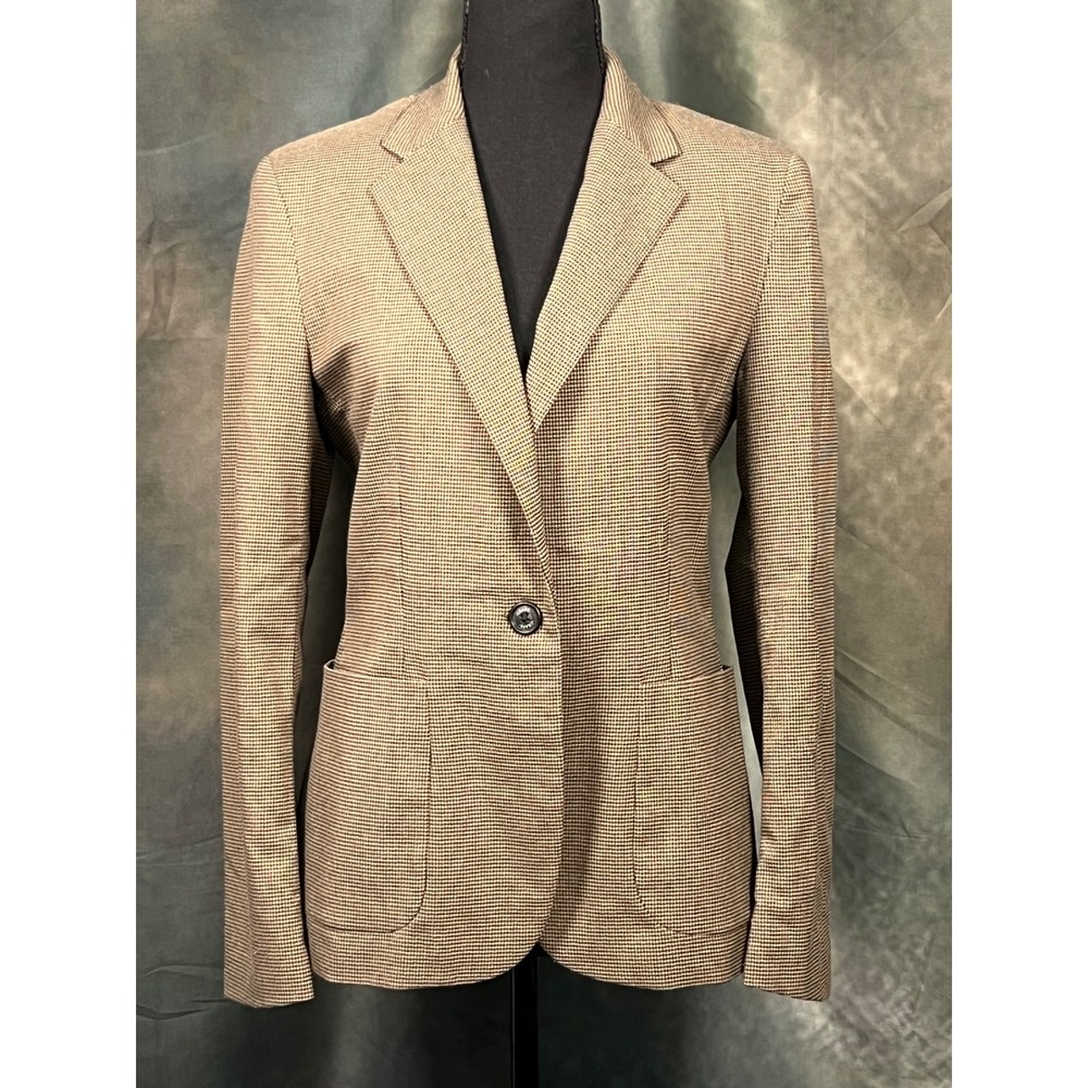 Chaps Womens Tan Black Micro Houndstooth Single Button Blazer Jacket Size 8